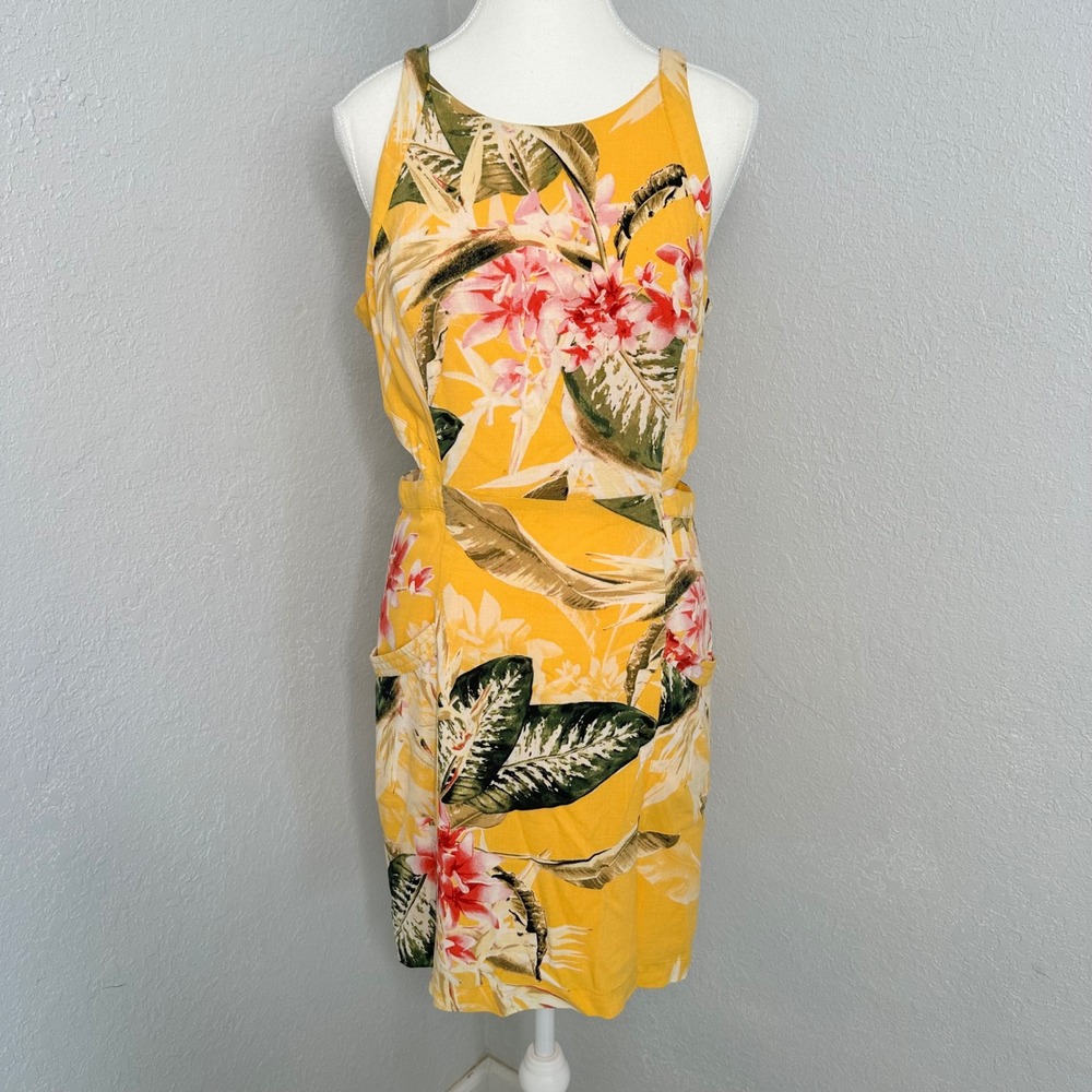 Guess Los Angeles Yellow Floral Hawaiian Print Sleeveless Mini Cutout Dress SZ M